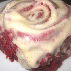 Recipe for Red Hot Velvet Cinnamon Rolls with Cinnamon-Cream Cheese Frosting