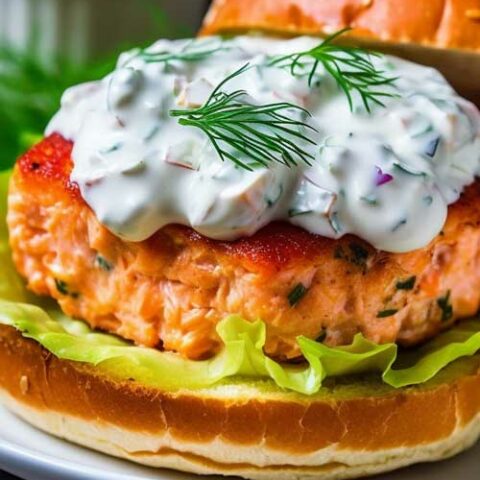 A cooked salmon burger patty sits on an open sesame bun. The patty is covered in a cream sauce and a piece of dill.