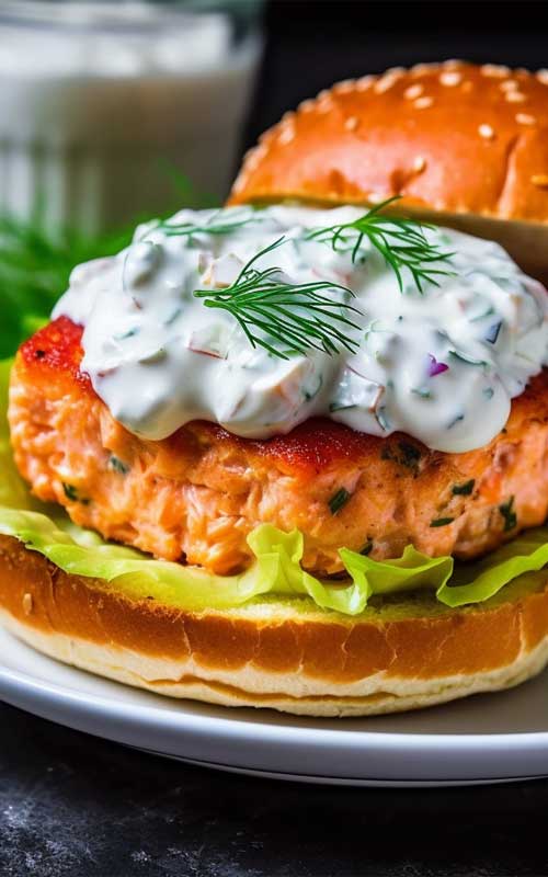 A cooked salmon burger patty sits on an open sesame bun. The patty is covered in a cream sauce and a piece of dill.