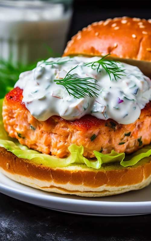 Fresh Salmon Burgers {with Tzatziki Dressing}