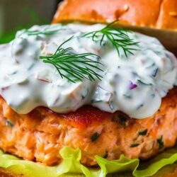 A cooked salmon burger patty sits on an open sesame bun. The patty is covered in a cream sauce and a piece of dill.