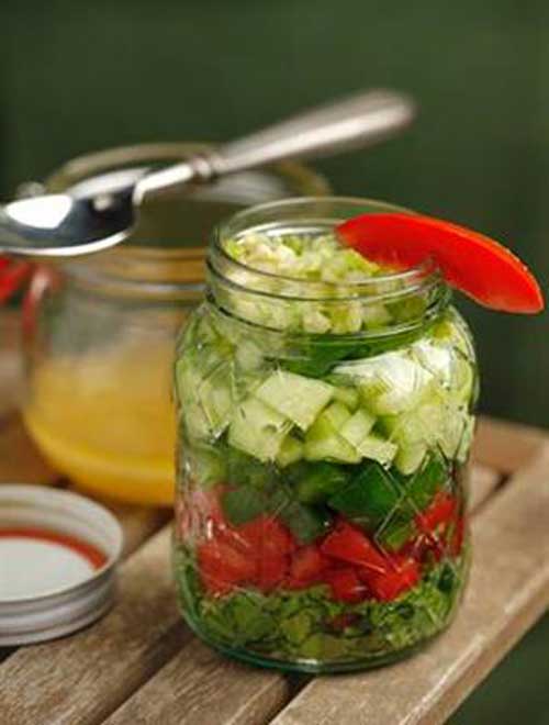 Recipe for Gazpacho Salad in a Jar - A crisp salad with the fresh flavors of chilled gazpacho is a perfect starter for any meal. For this version, the salad ingredients are layered in a jar and refrigerated. You can make one large jar of salad or prepare individual servings — perfect for outdoor dining.