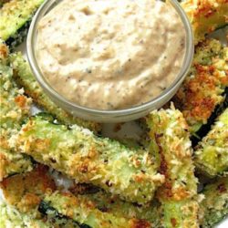 Recipe for Baked Zucchini Sticks and Sweet Onion Dip - Here’s a guilt-free way to enjoy the crunchy outside (and juicy inside) of a restaurant-style zucchini stick.
