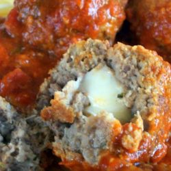 Recipe for Mozzarella Stuffed Meatballs - These meatballs are amazing! I don't make them often enough but am always so glad when I finally do. They are great on top of spaghetti and they also make fantastic meatball hoagies!