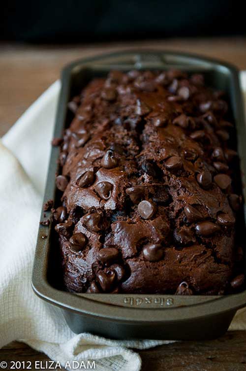 Recipe for Double Chocolate Zucchini Bread - Moist, flavorful zucchini bread with a chocolate twist: dark cocoa in the batter, and chocolate chips studded throughout. It makes the perfect afternoon snack whenever you’re in need of a chocolate fix.