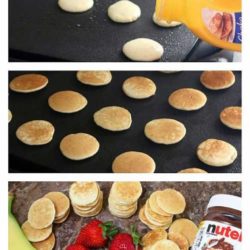 Recipe for Nutella Mini Pancake Kabobs - Soft and pillowy pancakes slathered with Nutella and layered on skewers with fresh strawberries and banana.