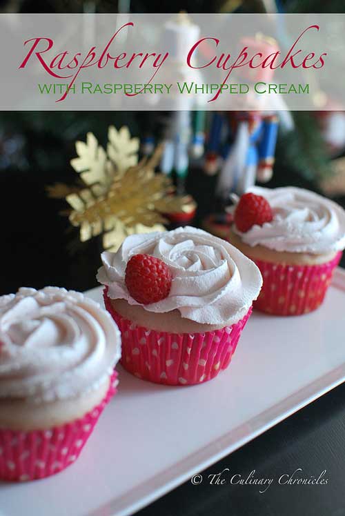 Recipe for Raspberry Cupcakes with Raspberry Whipped Cream - Raspberry Cupcakes that were flavored with fresh raspberry puree. And instead of your standard buttercreams, they are topped with rosette swirls of raspberry flavored whipped cream.