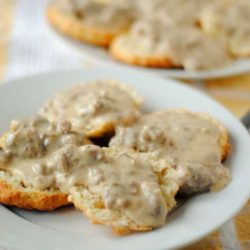 Recipe for Peppered Sausage Gravy and Biscuits - The savory sausage gravy and flaky biscuits I made were just glorious. The gravy is spicy and silky and has that meaty, savory heft to it that you want out of such a breakfast.
