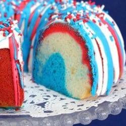 Recipe for Firecracker Bundt Cake - American holidays like the 4th of July are the perfect time to make easy and delicious red white and blue desserts. My Firecracker Bundt Cake is fun to make and will have everyone wondering how you got all the colors in there.