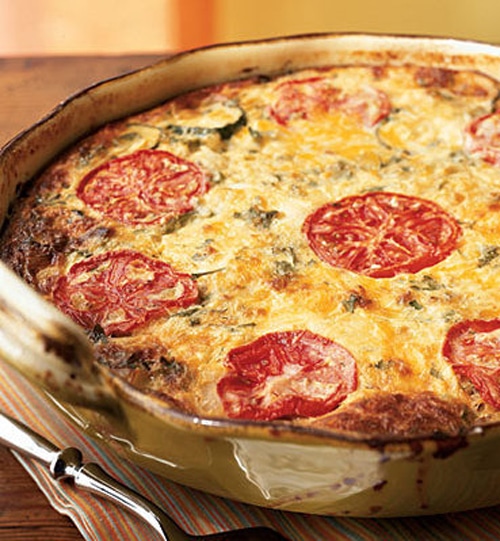 Recipe for Garden Vegetable Crustless Quiche - The season’s best vegetables and a variety of cheeses make this vegetable quiche a crowd-pleasing and healthy meal that can be assembled the night before, refrigerated and cooked just prior to serving.