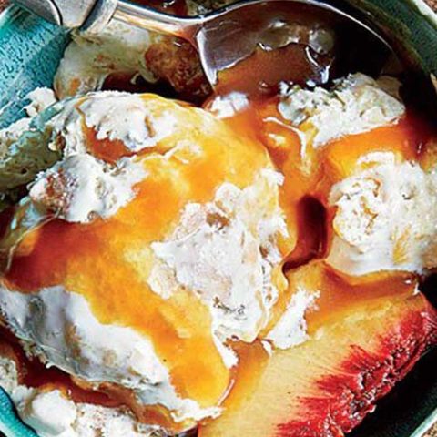 Recipe for Peach Cobbler Ice Cream with Caramel Sauce - Here’s a delicious ice-cream recipe that doesn’t require an ice-cream maker: Just stir the ingredients together, and freeze.