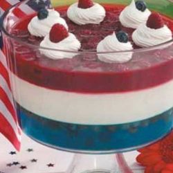 Recipe for Red White n Blue Salad - Our striking “flag” salad drew plenty of attention at our Independence Day party. The shimmering stripes are formed with distinctive gelatin layers. It makes you want to salute before spooning some up!