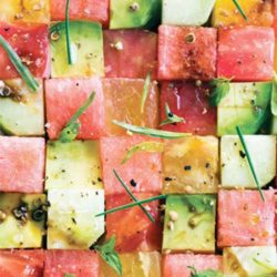 Recipe for Tomato and Watermelon Salad - If the idea of tomatoes and watermelon together sounds odd to you, this dish will be a revelation. There is a saying that what grows together goes together, and in this case it is true.
