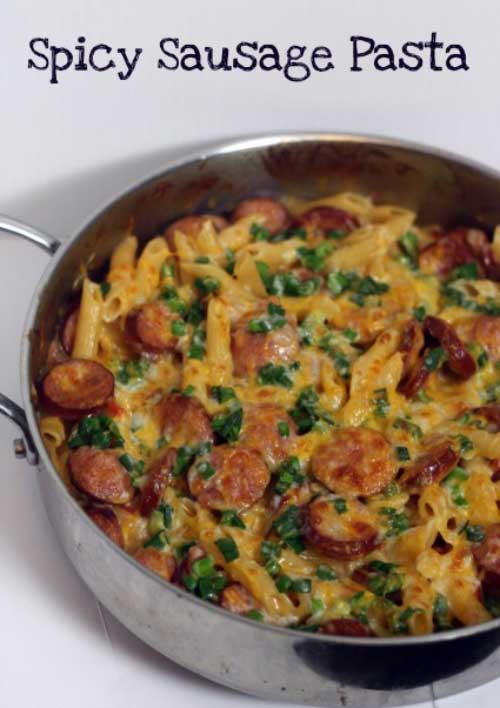 Need a quick and easy dinner idea? This Spicy Sausage Pasta is perfect, and the family will love it!