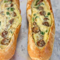These sausage egg boats are a new breakfast favorite because they literally take less than five minutes to prep. Sourdough baguettes filled with sausage, eggs and lots of cheese, baked until hot and toasty… so so good!