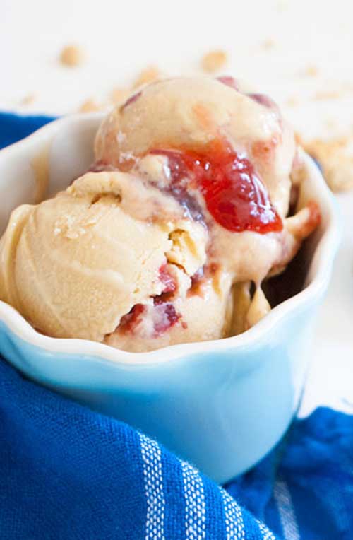 Recipe for Peanut Butter and Jelly Ice Cream - PB&J isn't just for kiddie sandwiches any more. I like to include fresh strawberries in the jam for that fresh-y burst