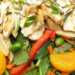 Recipe for Asian Chicken and Spinach Salad - Loaded with fresh, vibrant veggies, tender poached chicken and a flavorful dressing, this salad makes for a satisfying meal.