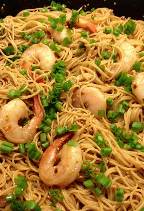 Recipe for Sesame Asian Noodles - I added shrimp but you can omit it and then it’s vegan. This is good hot or cold, dinner or a side dish with a picnic