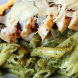Recipe for Avocado Penne Pesto with Grilled Chicken - There were rave reviews all around! The avocado brings a creaminess and delicious flavor to the sauce and may even be better than traditional pesto!