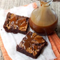 Recipe for Caramel-Pumpkin Swirl Brownies - So what goes good with both chocolate and pumpkin? Caramel! The result are brownies with two layers of pumpkin-cream cheese swirled into them and then drizzled with caramel on top.