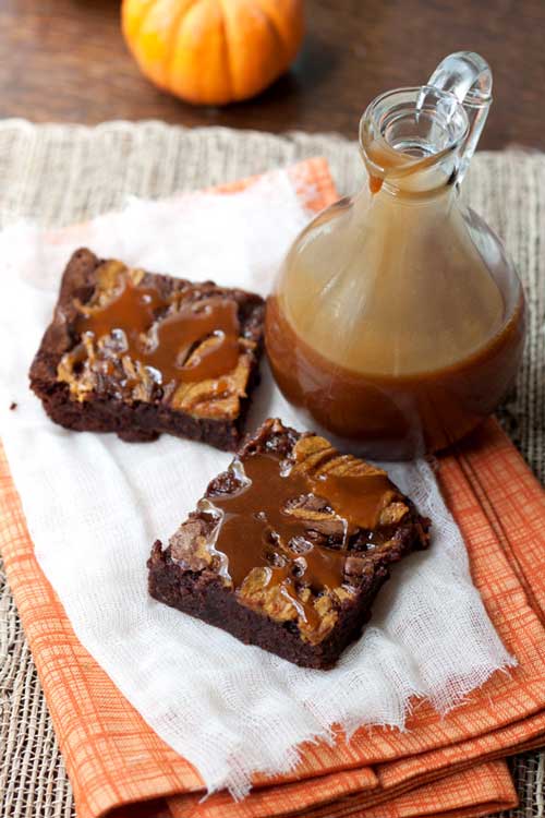 Recipe for Caramel-Pumpkin Swirl Brownies - So what goes good with both chocolate and pumpkin? Caramel! The result are brownies with two layers of pumpkin-cream cheese swirled into them and then drizzled with caramel on top.