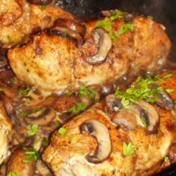 Recipe for Chicken Frangelico - An easy but elegant weeknight dinner with stuffed chicken breasts, mushrooms, and potatoes in a Frangelico pan sauce.