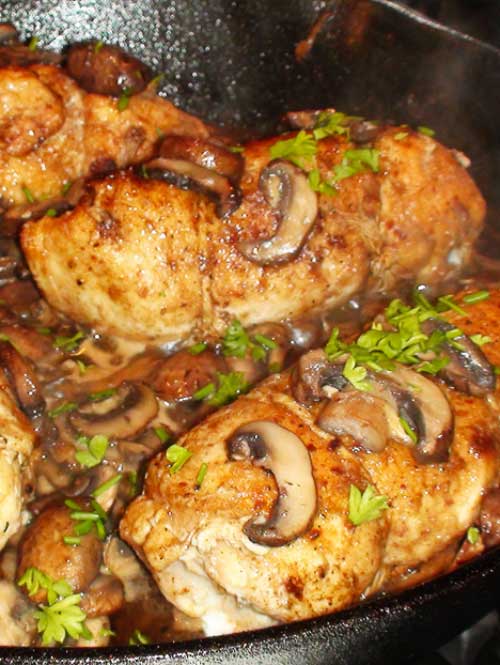 Recipe for Chicken Frangelico - An easy but elegant weeknight dinner with stuffed chicken breasts, mushrooms, and potatoes in a Frangelico pan sauce.