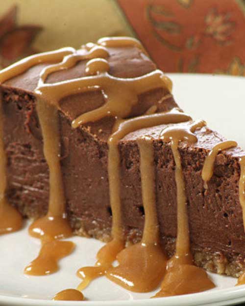 Recipe for French Chocolate Cheesecake - Served with caramel sauce this delicious French Chocolate Cheesecake is sure to please all the chocolate lovers in your family!