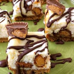 Recipe for Peanut Butter Cup and Chocolate Cheesecake Bars - After adding chopped Peanut Butter Cups to the filling, and drizzling the baked bars with melted chocolate; I was rewarded with a bar that was delicious beyond words!