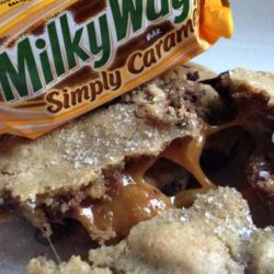 Salted Caramel is all the rage lately! Here is a chocolate chip cookie that is updated with the sweet Milky Way Simply Caramel fun size candy bars and Sea Salt, of course!