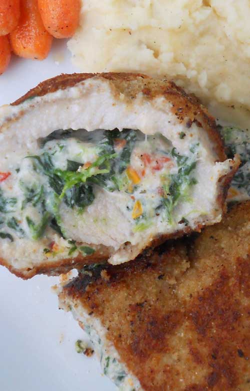 Recipe for Crispy Stuffed Pork Chops with Spinach and Sun-dried Tomatoes - Something warm and cozy for dinner with a healthy stuffing. Every once in a while you just want a good crispy bite of warm and cozy.