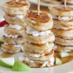 Recipe for Mini Apple Pie Pancake Kabobs - Impress your breakfast guests with quick and easy apple pancakes on a stick. For a little extra flair, alternate pancakes with apple slices.