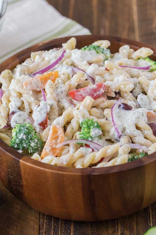 Recipe for Greek Pasta Salad with Cucumber Yogurt Dressing - Try putting a flavorful spin on a classic pasta salad with this Greek version.