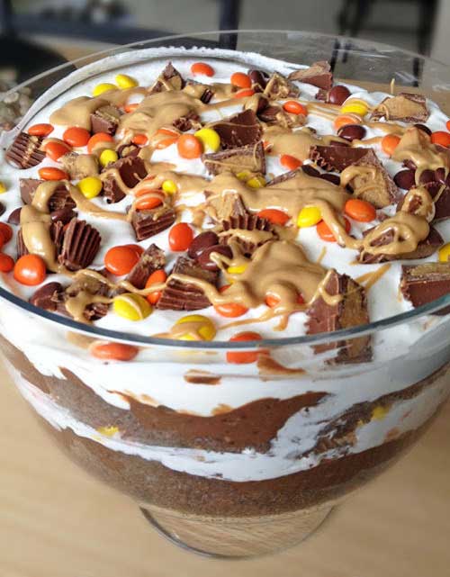 Recipe for Peanut Butter Chocolate Trifle - I love me a delicious trifle.. the mixture of cake, pudding, whipped cream and candy is the best of all worlds!! This trifle includes two of my favorite things.. peanut butter and chocolate. Turned out amazing!!