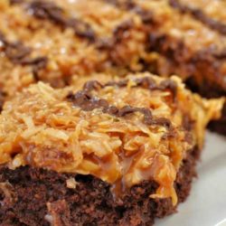 Recipe for Samoas Brownies - Between the cookie crust, dark chocolate brownies, caramel and coconut topping, and chocolate drizzle, everyone will fall in love with these