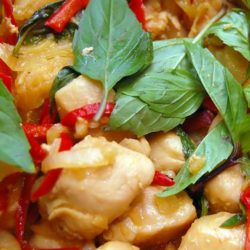 Recipe for Thai Basil Chicken - This is a healthy, Thai-influenced dish that isn’t too spicy and has lots of texture, with the moist chicken and crunchy cashews.