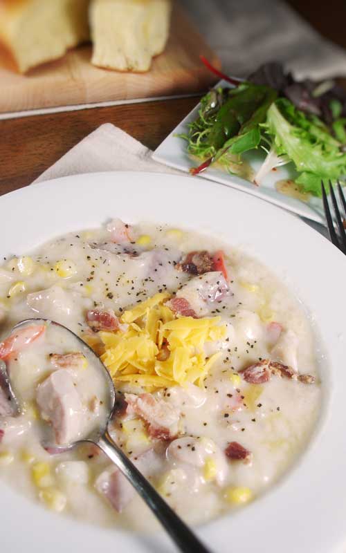 Recipe for Cheesy Chicken Chowder - When you're looking for a good bowl of soup, this quick-cooking chicken chowder is the best.