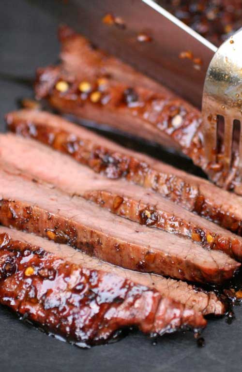 Recipe for Soy-Glazed Flank Steak - This steak turned out just great -- thin, tender slices of sweet, smoky meat-- punched up by sock-'em Asian flavors that really amp up the wow-factor.