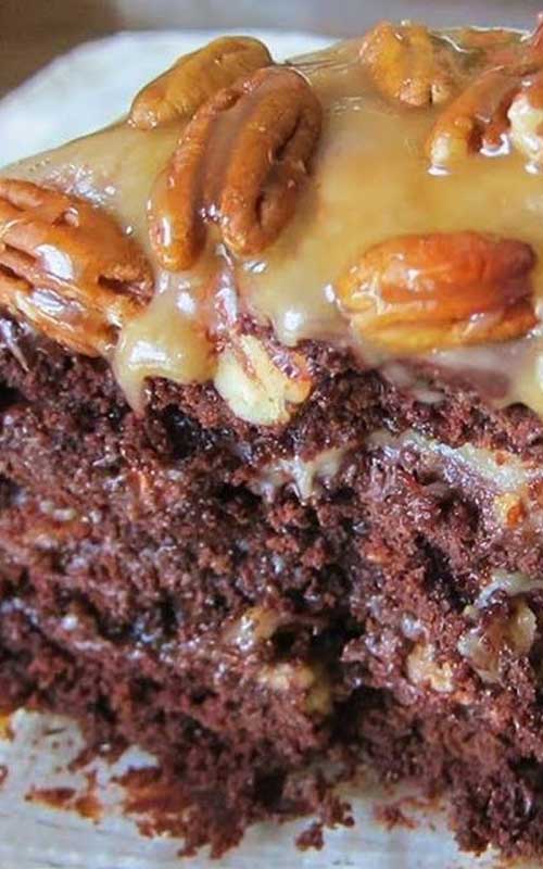 This decadent Chocolate Turtle Cake showcases a creamy caramel layer on top of a rich chocolate cake. A small slice goes a long way to satisfy that sweet tooth.
