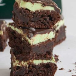 Recipe for Mint Chocolate Chip Brownies - A rich, dense and fudgy chocolate brownie, topped with a peppermint frosting and chocolate ganache.