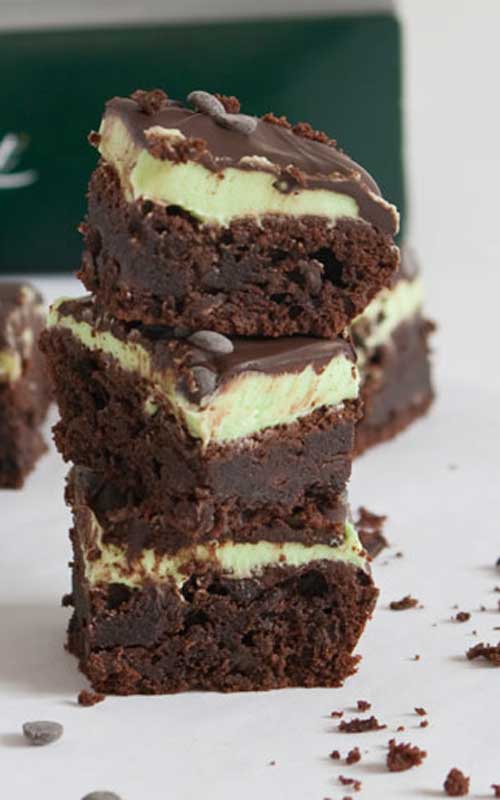 Recipe for Mint Chocolate Chip Brownies - A rich, dense and fudgy chocolate brownie, topped with a peppermint frosting and chocolate ganache.
