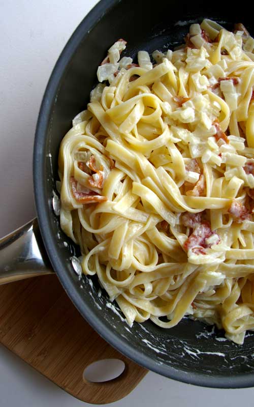 Recipe for Pasta Carbonara - No, this is not going to be low-fat or healthy or in any way, shape or form good for you, unless you have a severe bacon deficiency. (And wouldn’t that be wonderful?)