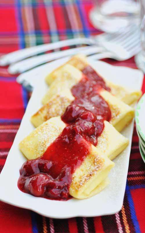 Cheese Blintzes with Mixed Berry Sauce