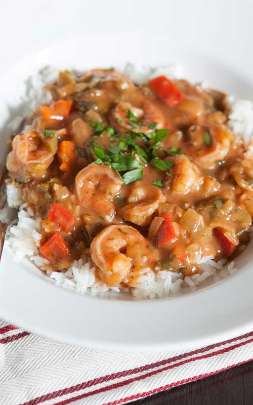 Recipe for Shrimp Etouffee - This Shrimp Etouffee is just the kind of warm and comforting dinner that I want when it’s below freezing outside but I can also feel good about eating it since the recipe has been lightened.