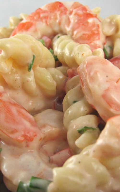 Recipe for Shrimp Louis Pasta Salad - When served on a bed of mixed greens, this shrimp Louis pasta salad makes a great luncheon or light supper meal.