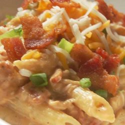 Recipe for BBQ Chicken and Bacon Pasta - It’s smokey and creamy and cheesy. It’s pure comfort food, and something that this barbecue-loving family will be indulging in frequently.