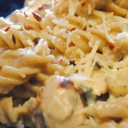The sauce is a simple cheese sauce, similar to any macaroni and cheese recipe. Add some chicken and you'll have a great White Cheddar Chicken Pasta in just a few minutes.