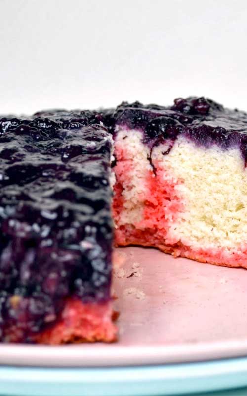 Recipe for Blueberry Upside Down Cake - Upside down cakes are not just for pineapples any more! This blueberry upside down cake is slightly sweet and oh so decadent with it's thick, jam-like layer of blueberries sitting on top of a super-moist cake layer.