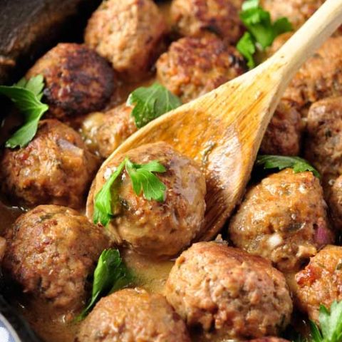 Recipe for Swedish Meatballs - The best Swedish meatballs, made from scratch with an easy and creamy gravy, even better than what you get at IKEA! Make a huge batch of meatballs and keep them in the freezer for a quick meal.