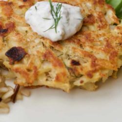 Frozen hash browns and flaked salmon come together for a twist on this traditional Swiss favorite, Salmon Rosti. We love the creamy dill sauce, but a little bit of ketchup is tasty too!